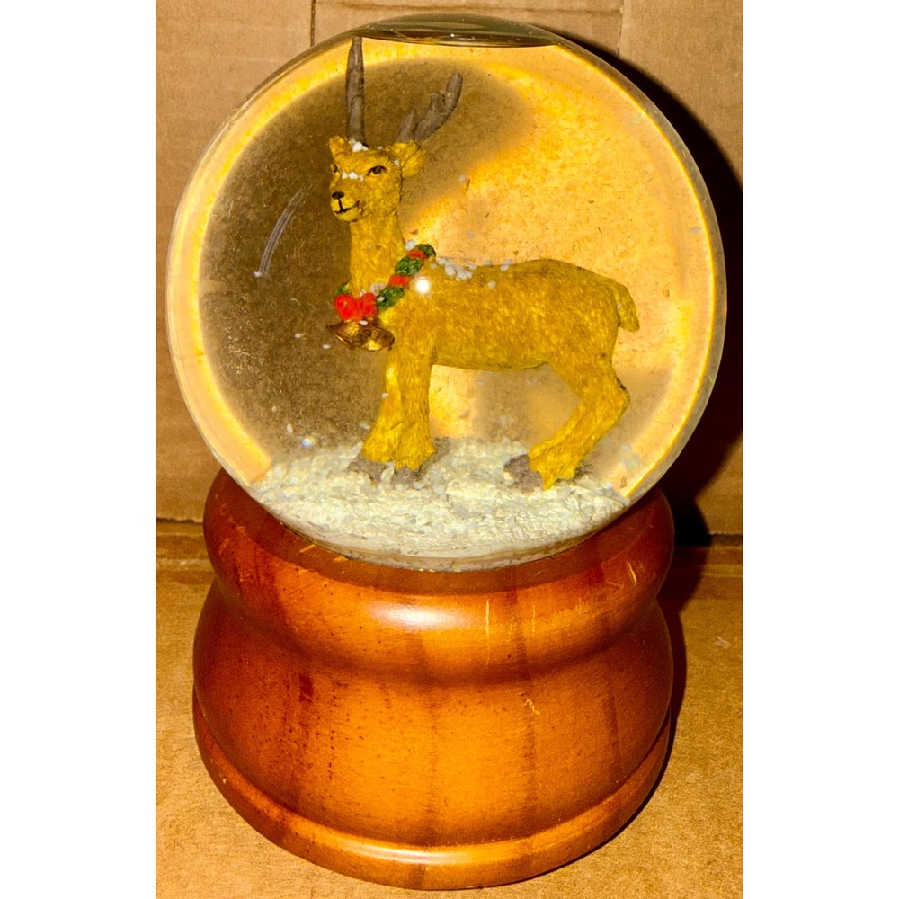 MSC Reindeer Musical Snow Globe Christmas Decor Brown Gold Excellent *WORKS*